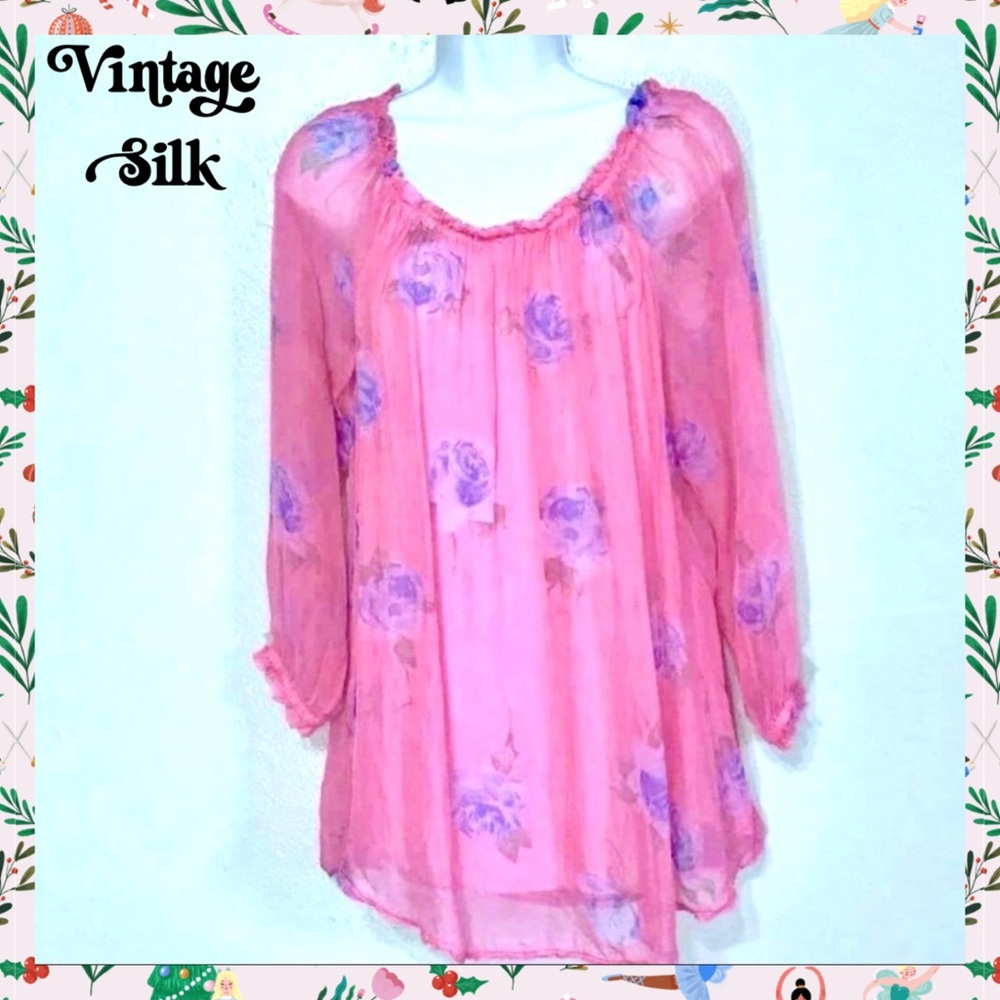 Micky Vintage Silk Floral Tunic Blouse Pink Blue Made In Italy Women’s Medium